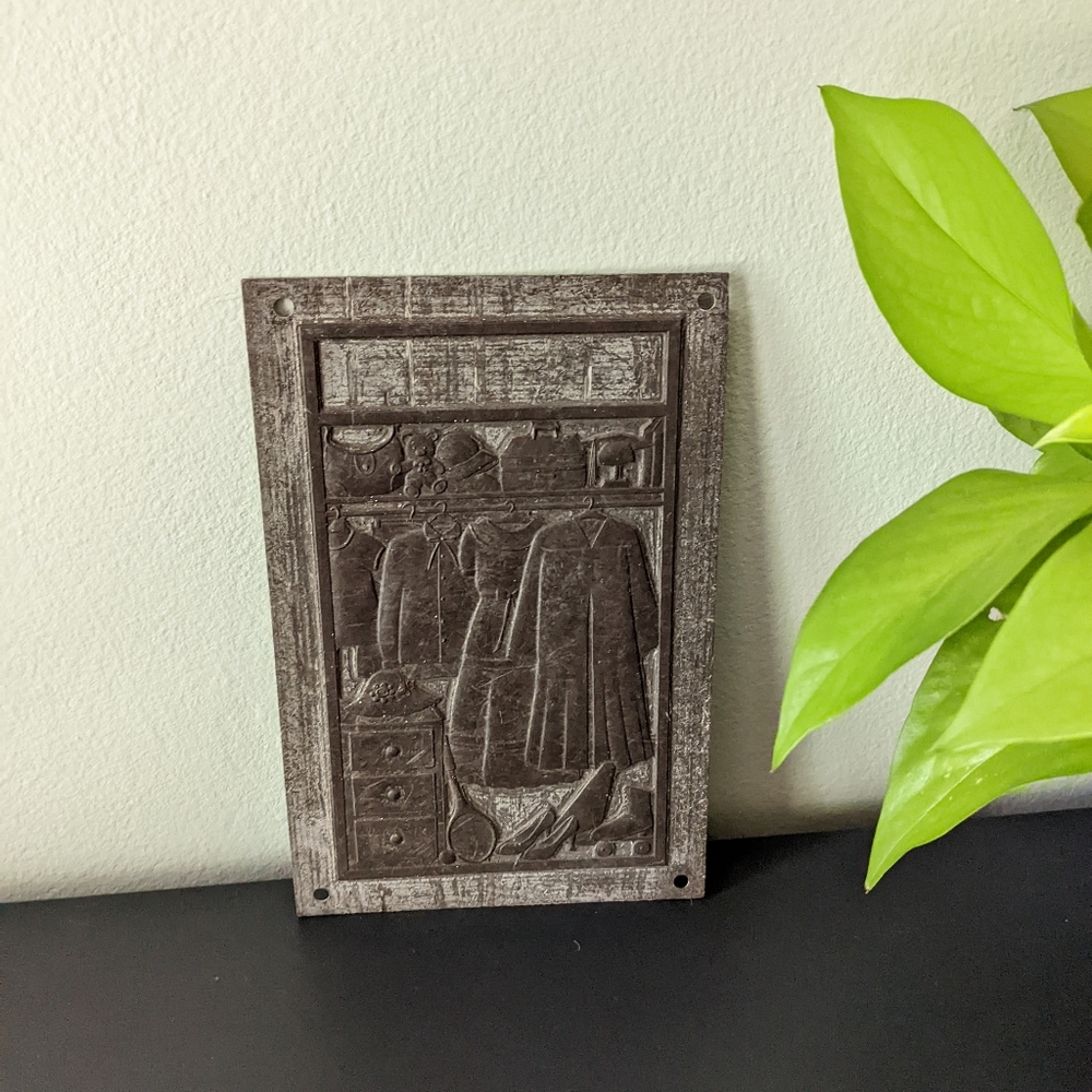 Vintage Metal Wall Decor Pressed 3D Look Closet Scene Clothes Fashion